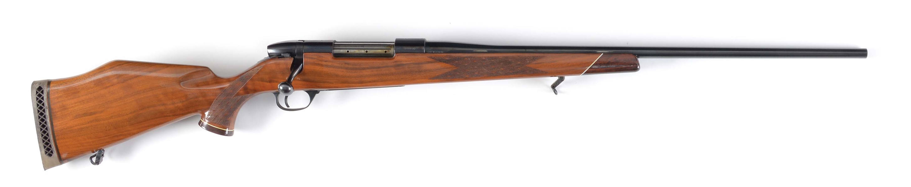 (C)GERMAN WEATHERBY MK V BOLT ACTION RIFLE 1961 WITH BOX AND TEST TARGET.