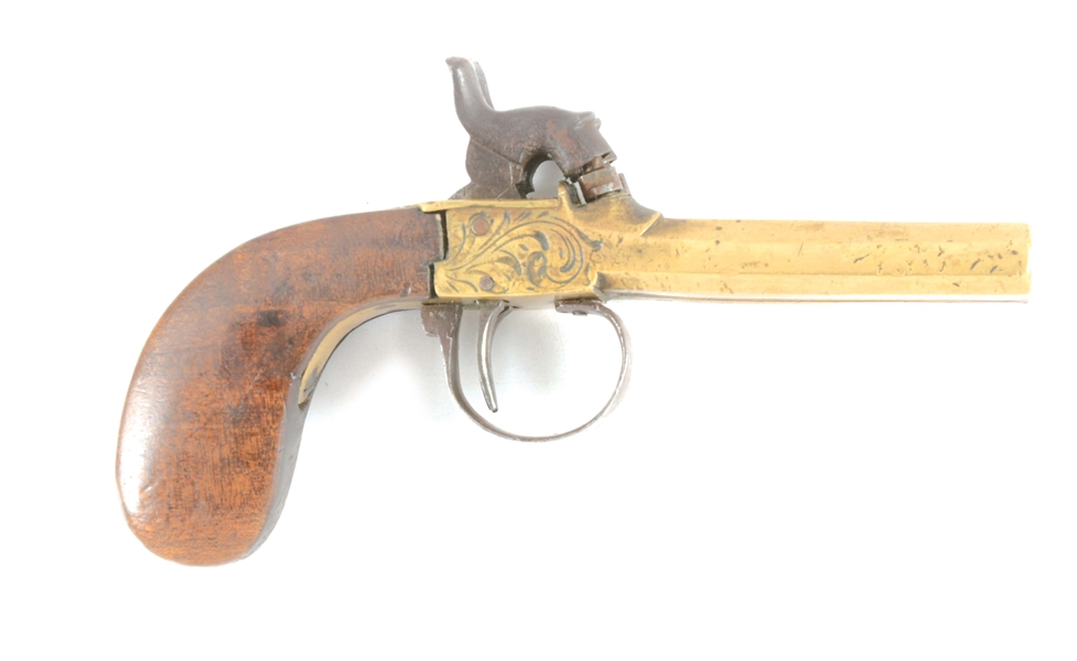 (A) INTERESTING BELGIAN DOUBLE BARREL BRASS MUFF PISTOL, AB GRISWOLD MARKED.
