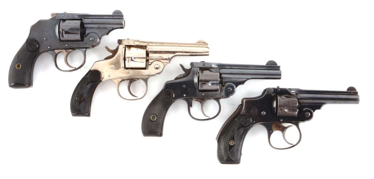 (C) LOT OF FOUR: U.S. REVOLVER CO., HOPKINS AND ALLEN, HARRINGTON AND RICHARDSON, SMITH AND WESSON SAFETY HAMMERLESS TIP UP REVOLVERS.
