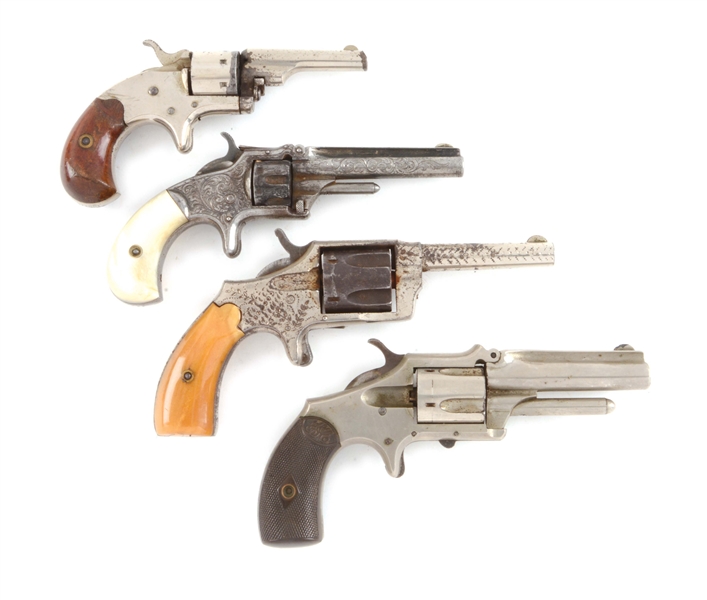 (A) LOT OF FOUR: COLT OPEN TOP, SMITH & WESSON MODEL 1, HOPKINS AND ALLEN BLUE JACKET NO. 2, DERRINGER SINGLE ACTION REVOLVERS.