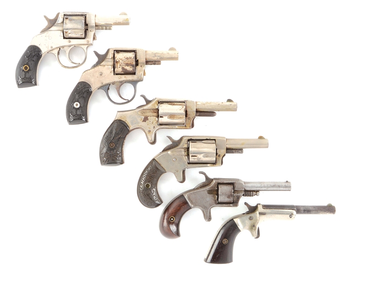 (A) LOT OF SIX: TWO H&R YOUNG AMERICAS, TWO IVER JOHNSON DEFENDERS, EMPIRE REVOLVERS, AND STEVENS MODEL 41 SINGLE SHOT PISTOL.