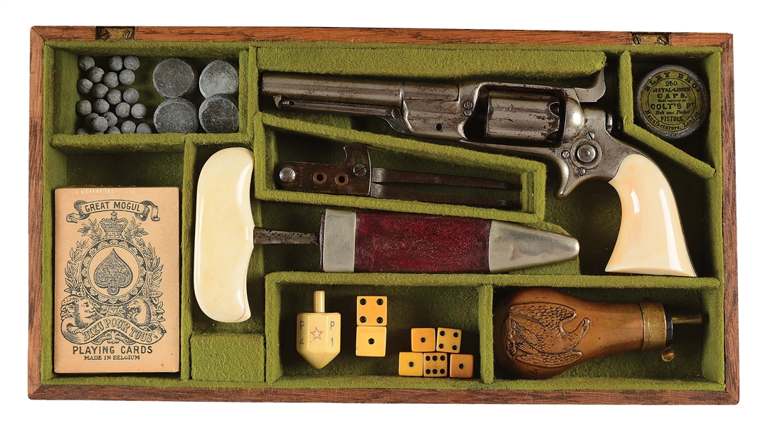 (A) CASED NICKEL COLT ROOT PERCUSSION REVOLVER IN "GAMBLERS SET" WITH PUSH DAGGER & ACCESSORIES.