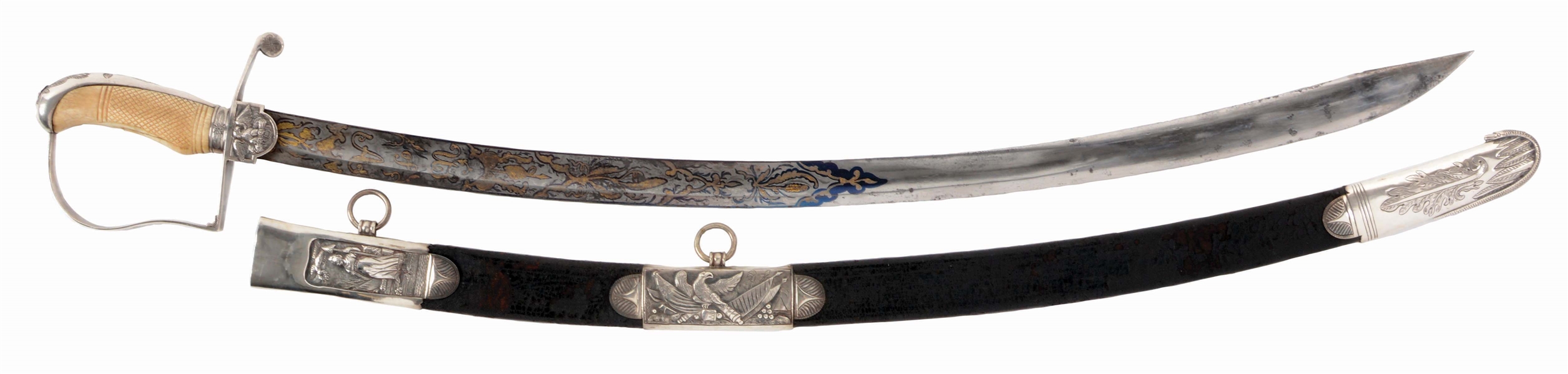EXTRAORDINARY PHILADELPHIA SILVER HILTED SWORD WITH ORNATE SCABBARD.