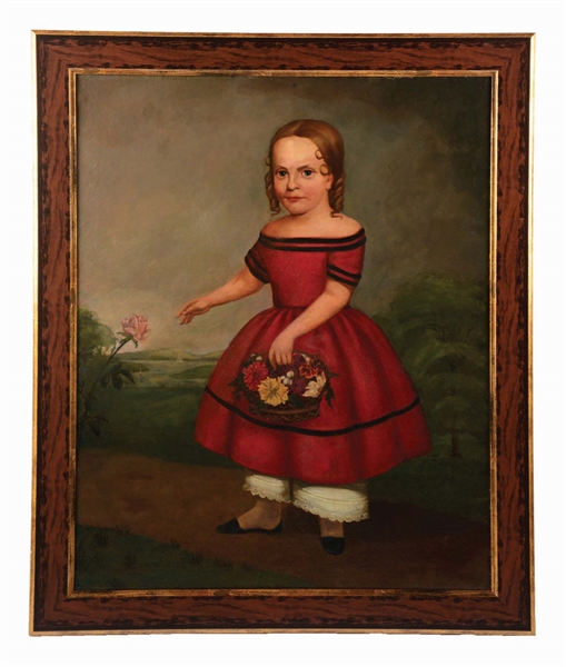 A FINE FOLK ART PORTRAIT OF A YOUNG GIRL WITH BASKET OF FLOWERS.        