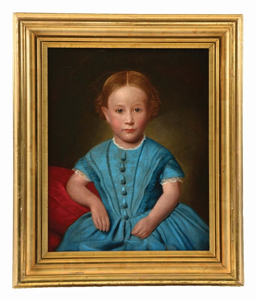 FOLK ART PORTRAIT OF A YOUNG GIRL IN BLUE DRESS.