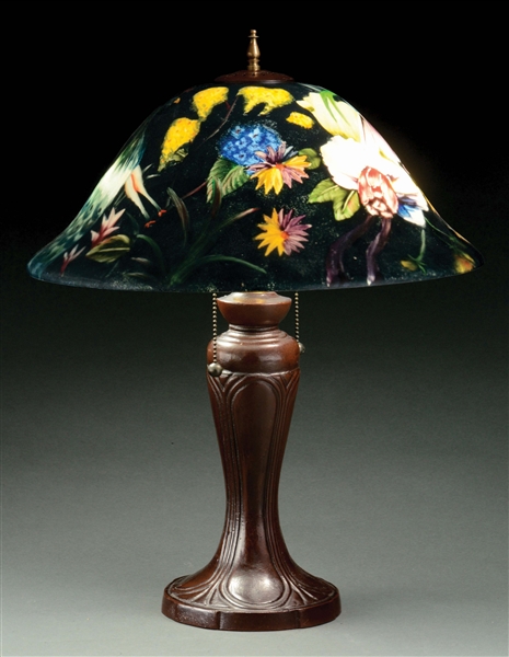 REVERSE-PAINTED PEACOCK TABLE LAMP.