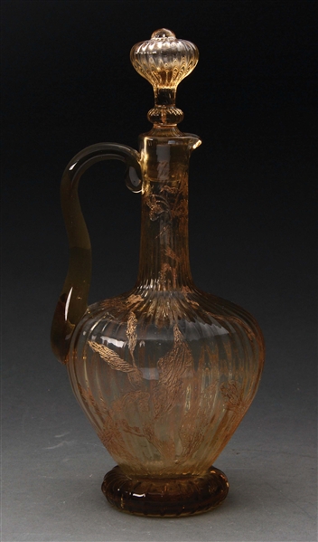 GALLE CARVED AMBER GLASS EWER.