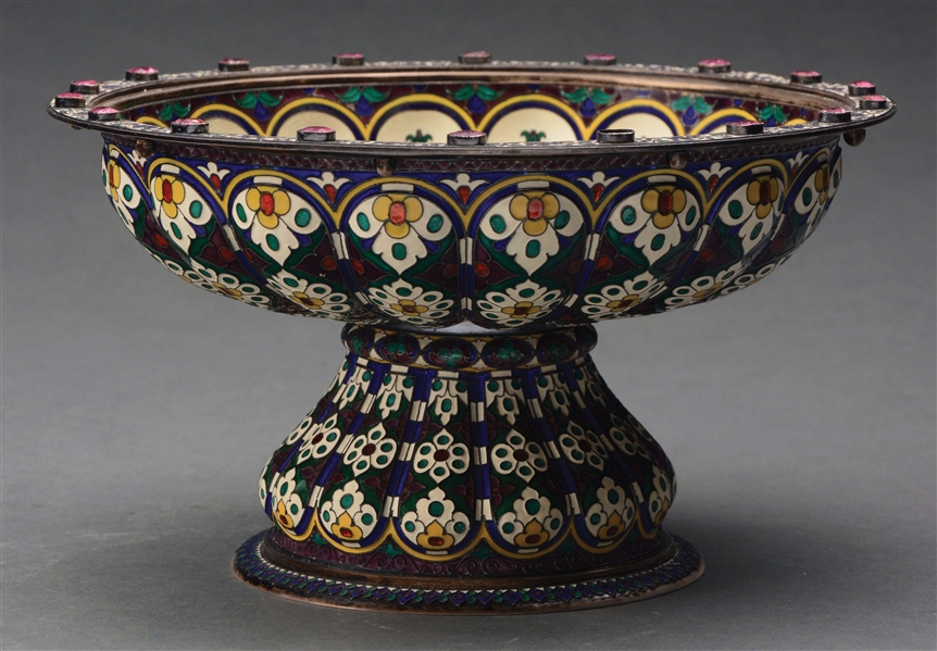 A RARE AND UNUSUAL RUSSIAN GILDED ENAMEL JEWELED TAZZA RETAILED BY TIFFANY & CO., NEW YORK.