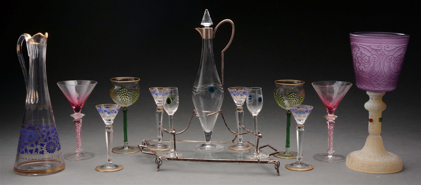 GROUP OF 14 PIECES OF MOSER/ BOHEMIAN STEMWARE AND DECANTERS.