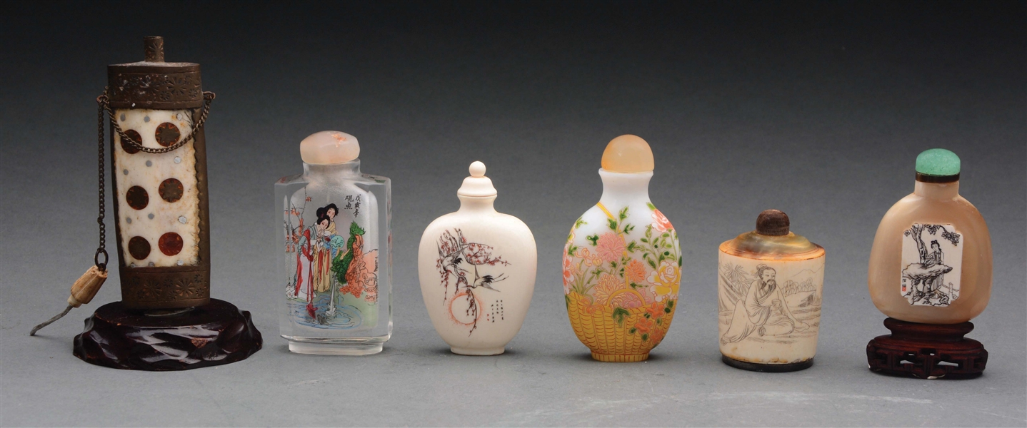 GROUP OF FIVE CHINESE SNUFF BOTTLES TOGETHER WITH A PERSIAN SNUFF.