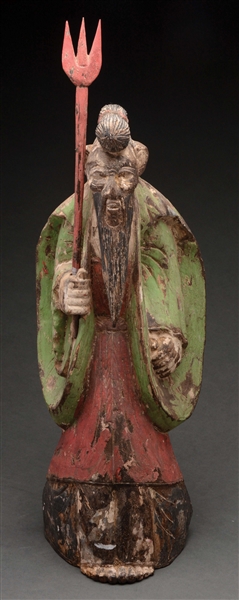 CHINESE CARVED MYTHOLOGICAL FIGURE DRESSED IN ROBES.