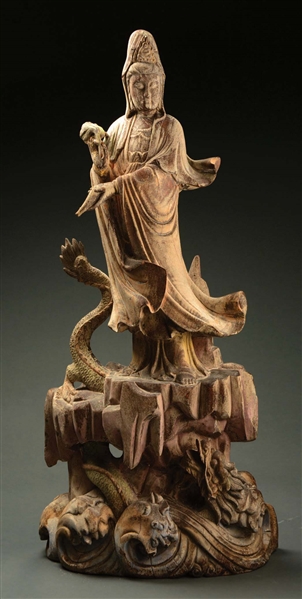 LARGE CHINESE CARVED POLYCHROME FIGURE OF QUANYIN.