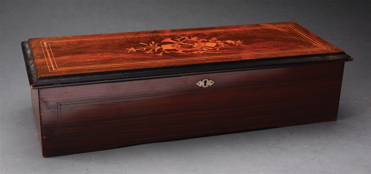 GOOD SWISS 10 TUNE CYLINDER MUSIC BOX IN A ROSEWOOD INLAID CASE.