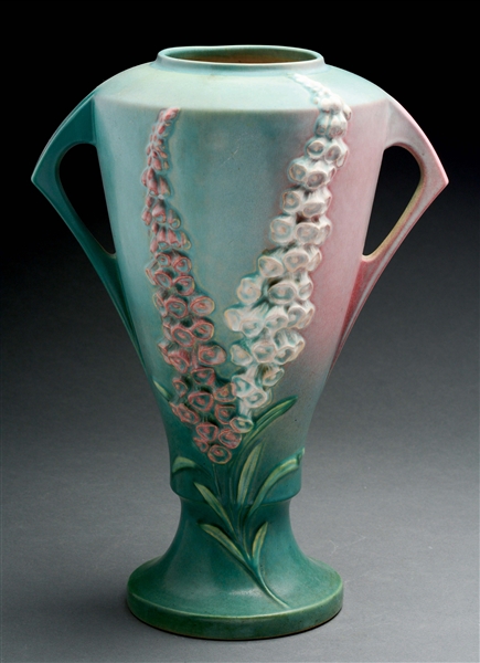 ROSEVILLE POTTERY FOXGLOVE TALL VASE WITH HANDLES. 
