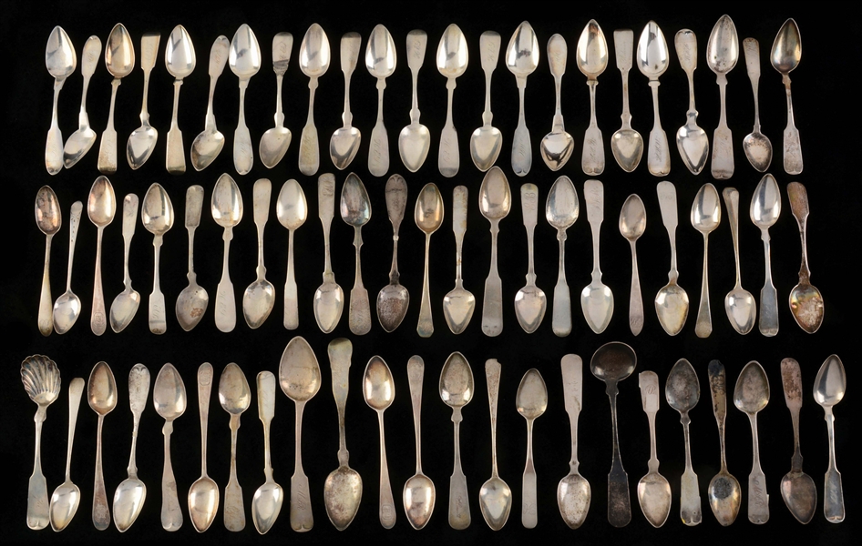 A LARGE GROUP OF AMERICAN COIN SILVER SPOONS.