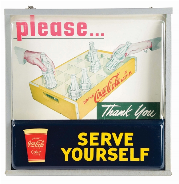 COCA-COLA SERVE YOURSELF PLASTIC LIGHT-UP SIGN.