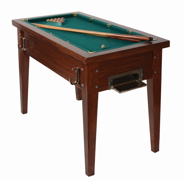 MINIATURE CHILDS COIN-OPERATED POOL TABLE AND SUPPLIES.