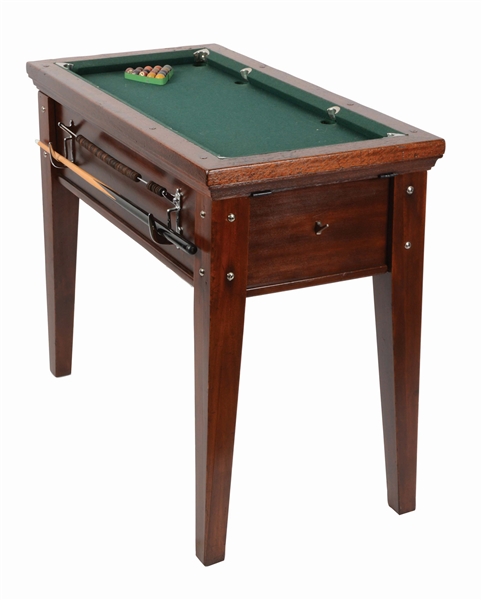 MINIATURE COIN OPERATED POOL TABLE WITH COVER AND SUPPLIES.
