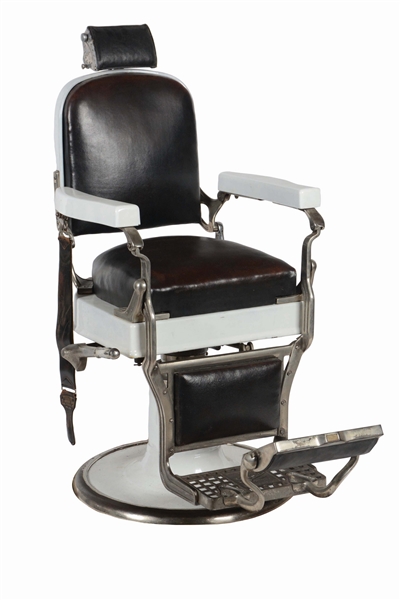 KOKEN PORCELAIN AND LEATHER BARBER CHAIR.
