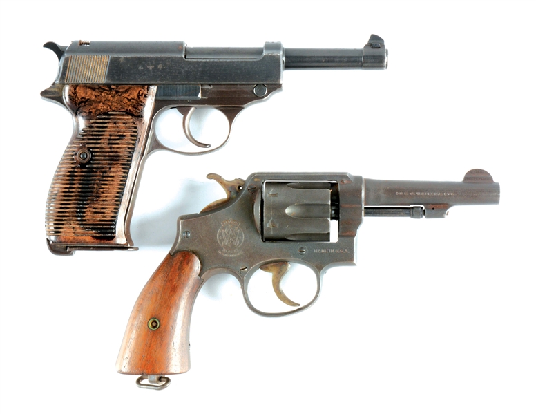 (C) LOT OF TWO WORLD WAR II MILITARY PISTOLS: WALTHER P38 AC 42 9MM PISTOL & SMITH & WESSON VICTORY .38 REVOLVER.