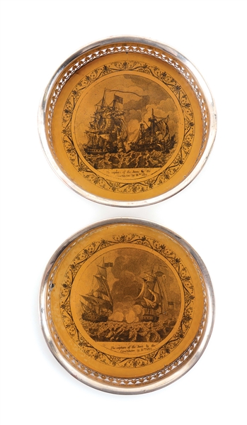 LOT OF 2: PAIR OF SHEFFIELD WINE COASTERS OF AMERICAN INTEREST. ENGLAND. AFTER 1812.
