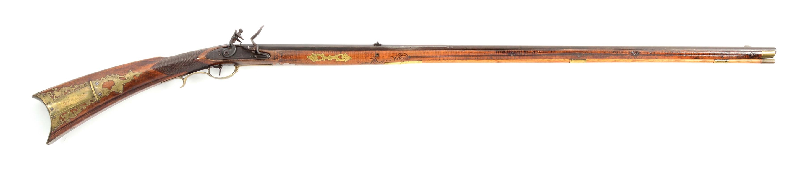 (A) EXTRAORDINARY FLINTLOCK KENTUCKY RIFLE WITH PENNSYLVANIA STATE SEAL ON PATCHBOX, ATTRIBUTED TO JACOB KUNTZ.