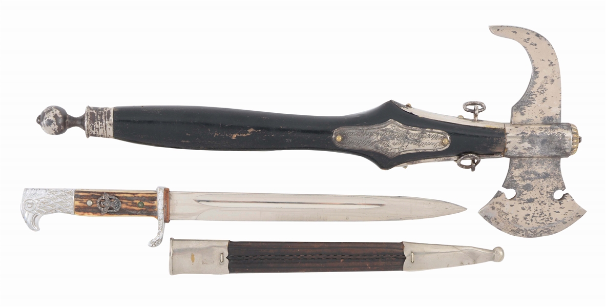 LOT OF 2: GERMAN THIRD REICH RURAL POLICE BAYONET AND FIREMENS DRESS AXE WITH DEDICATION