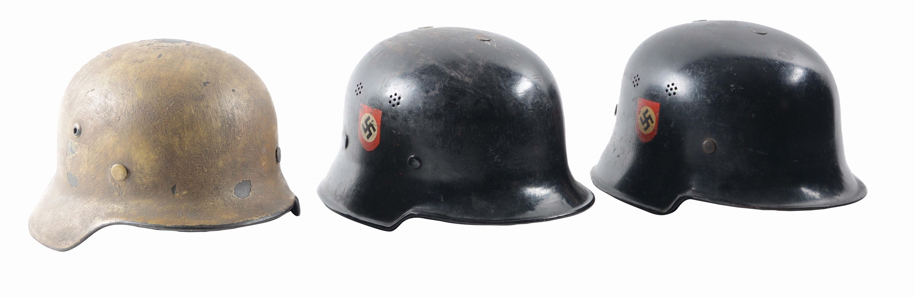 LOT OF 3: GERMAN WORLD WAR II COMBAT HELMET AND POLICE HELMETS.