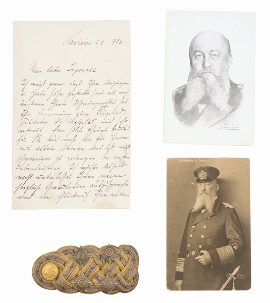 LOT OF 4: SHOULDER BOARD, TWO POSTCARDS, AND LETTER FROM ADMIRAL VON TIRPITZ.