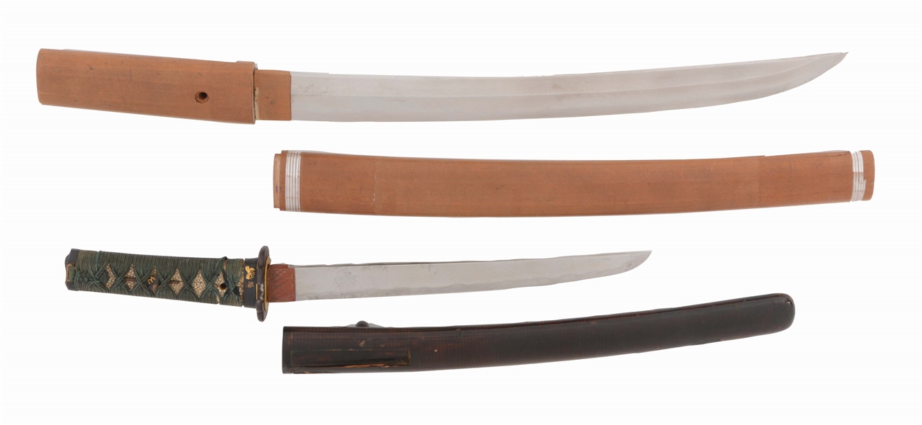 LOT OF TWO: ONE WAKIZASHI AND ONE TANTO, ONE KOTO AND THE OTHER SHIN-SHINTO, ONE IN SHIRASAYA AND ONE IN KOSHIRAE.
