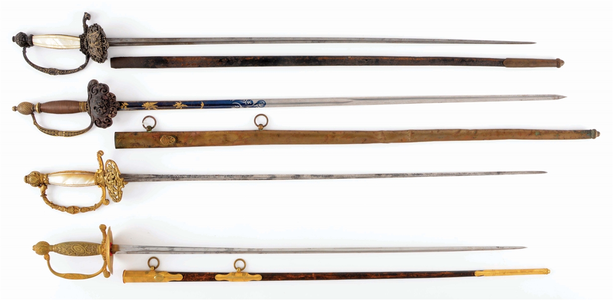 LOT OF FOUR MILITIA OFFICERS AND DRESS SWORDS.