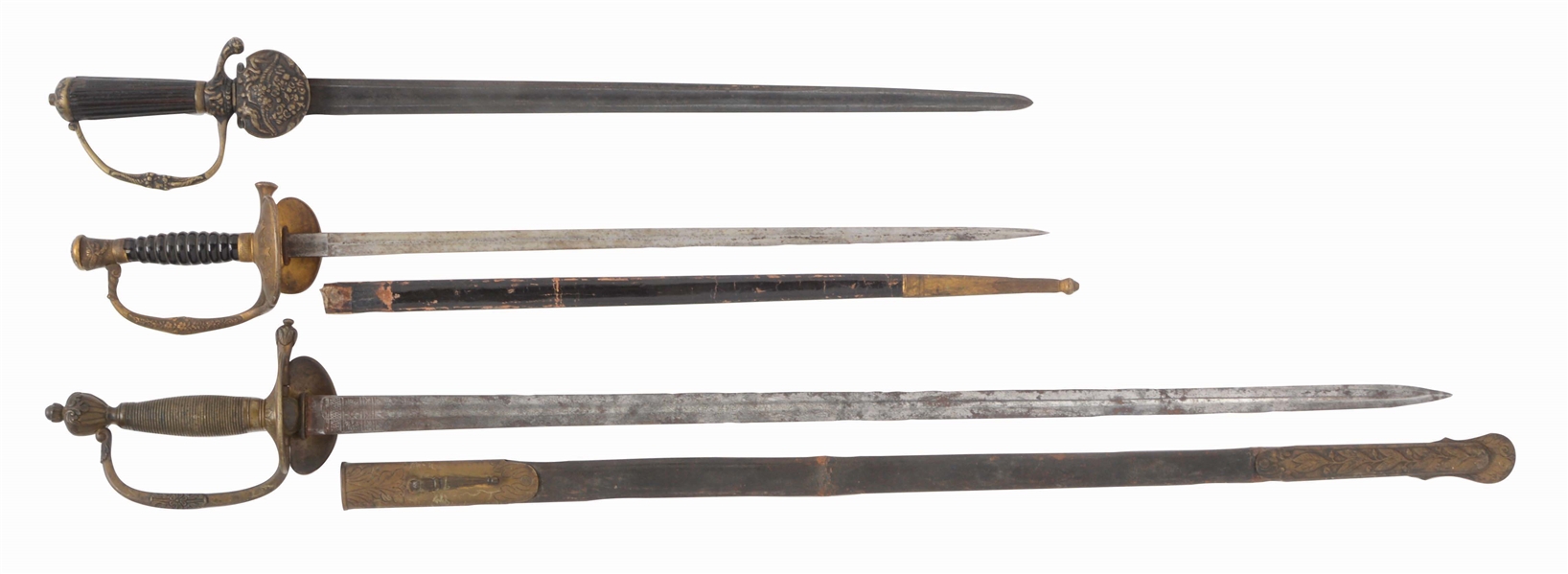 LOT OF THREE SWORDS: CA. 1740 HUNTING SWORD, 1840 OFFICER, SMALL 1872.