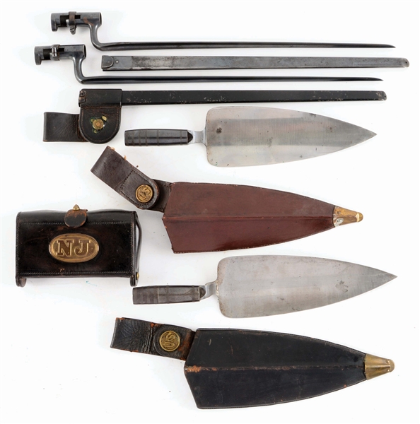 LOT OF 5: TRAPDOOR BAYONETS WITH SCABBARDS, TWO TROWEL BAYONETS, AND A NEW JERSEY MC KEEVER BOX.