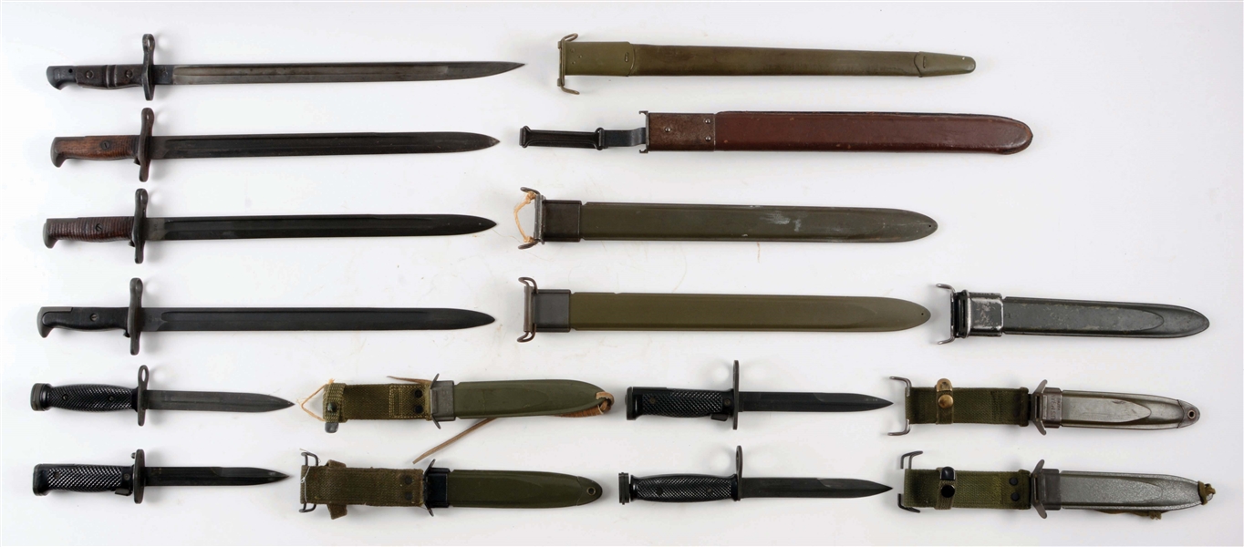 LOT OF NINE: EIGHT U.S. BAYONETS AND ONE EXTRA SCABBARD.