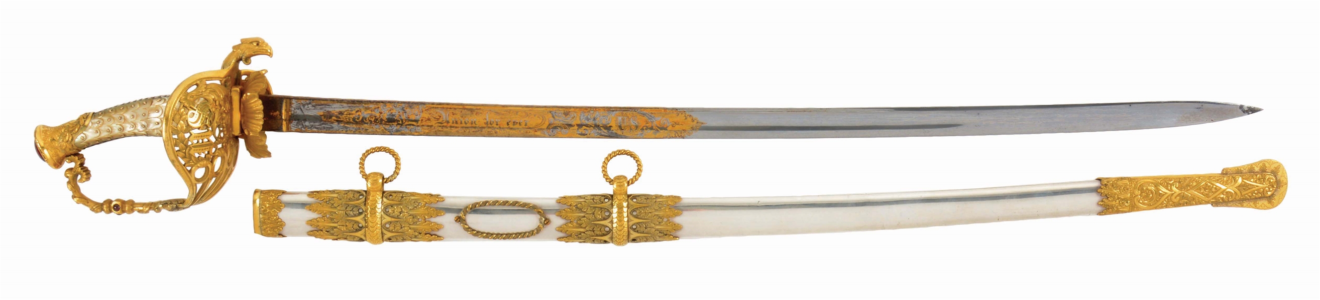 EXTRAORDINARY MOTHER OF PEARL GRIPPED OFFICERS PRESENTATION SWORD.