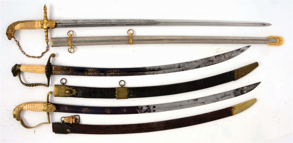 LOT OF THREE EAGLE POMMEL SWORDS WITH SCABBARDS.