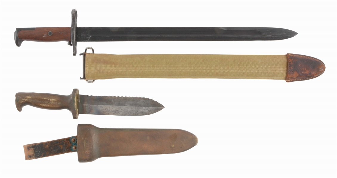 LOT OF 2: WORLD WAR I SPRINGFIELD BAYONET MARKED TO USS TEXAS AND DIVE KNIFE.