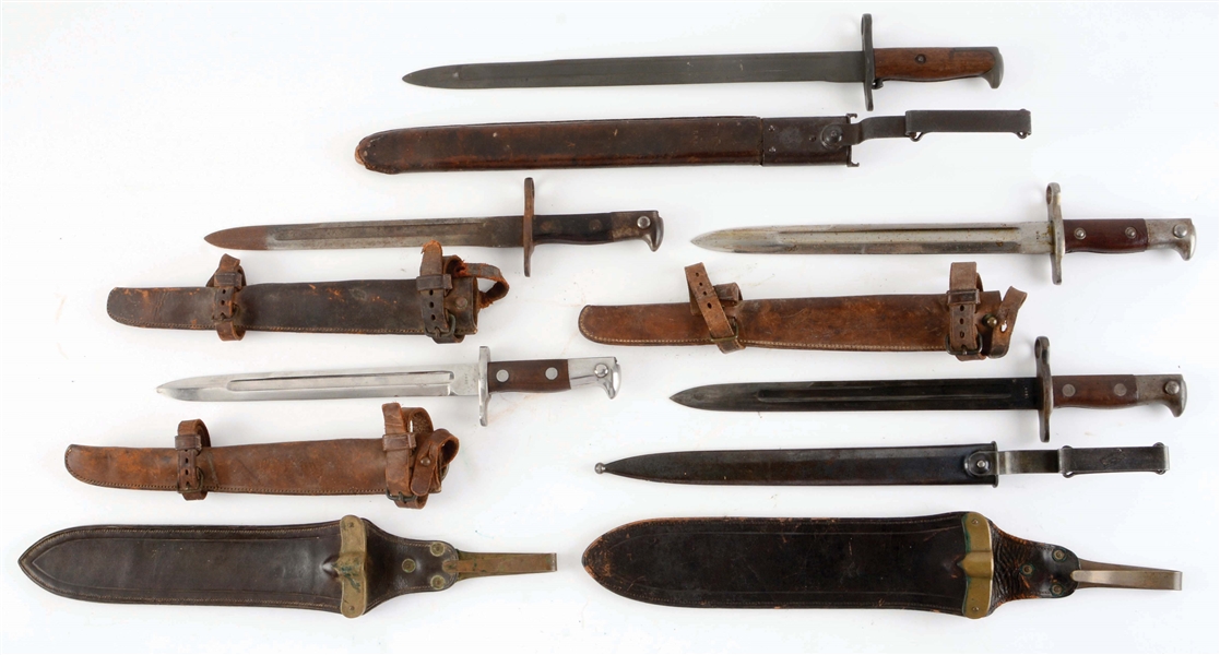LOT OF 7: 5 KRAG BAYONETS AND 2 MODEL 1904 HOSPITAL CORPS SCABBARDS. 