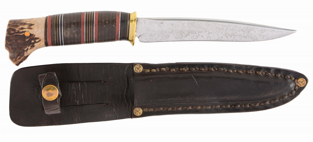DESIRABLE SCAGEL LARGE HUNTER FIXED BLADE KNIFE WITH STAG BUTT.