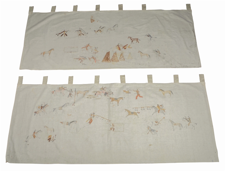 TWO SIOUX PICTOGRAPHIC MUSLIN CABIN WALL LINERS.