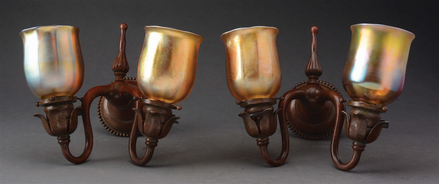 LOT OF 2: PAIR OF TIFFANY STUDIOS DOUBLE ARM SCONCES.