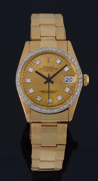 ROLEX DATE 6827 IN 18K GOLD WITH DIAMOND DIAL & BEZEL.