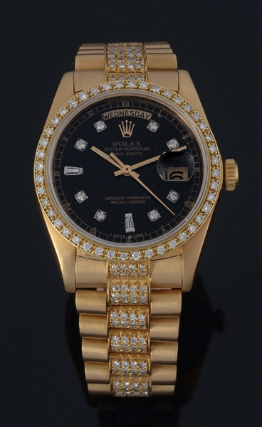 MENS ROLEX DAY-DATE PRESIDENT IN 18K GOLD WITH DIAMONDS.