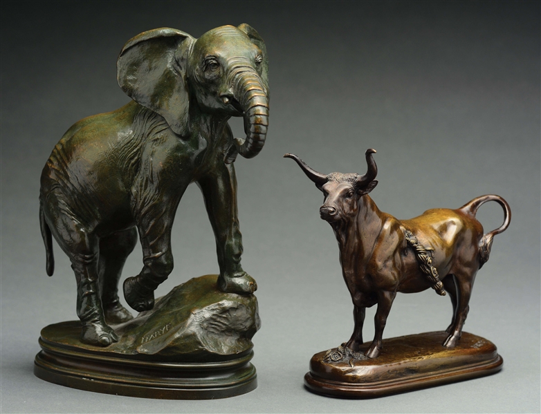 LOT OF 2: ANTOINE-LOUIS BARYE (1796 - 1875) BRONZE SCULPTURES OF ELEPHANT AND A STEER.