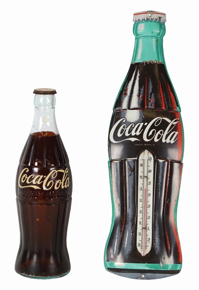 LOT OF 2: OVERSIZED COCA-COLA BOTTLE DISPLAY AND THERMOMETER.