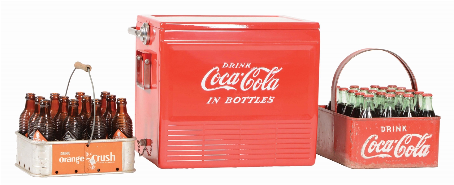 LOT OF 3: COCA-COLA COOLER WITH 2 CARRIERS OF BOTTLES.