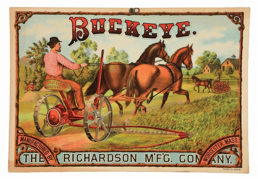 EARLY LITHOGRAPHED BUCKEYE MOWER ADVERTISING SIGN.