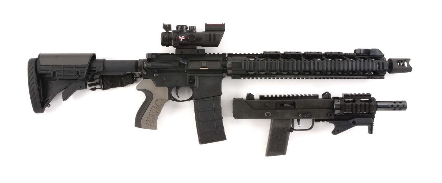 (M) LOT OF TWO: DPMS A15 .223 SEMI-AUTOMATIC RIFLE TOGETHER WITH AN MPA DEFENDER SEMI-AUTOMATIC PISTOL IN 5.7X28MM.
