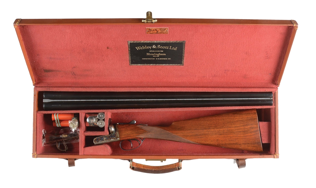 (M) WEBLEY AND SCOTT 700 12 GAUGE SIDE BY SIDE SHOTGUN IN LEATHER CASE WITH ACCESSORIES.