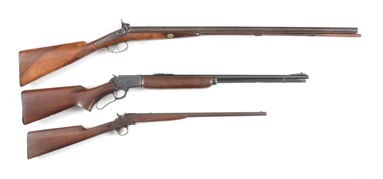 (A+C) LOT OF THREE: PERCUSSION SIDE BY SIDE, MARLIN 39A LEVER ACTION, AND HOPKINS AND ALLEN NO. 722 SINGLE SHOT LONG ARMS.